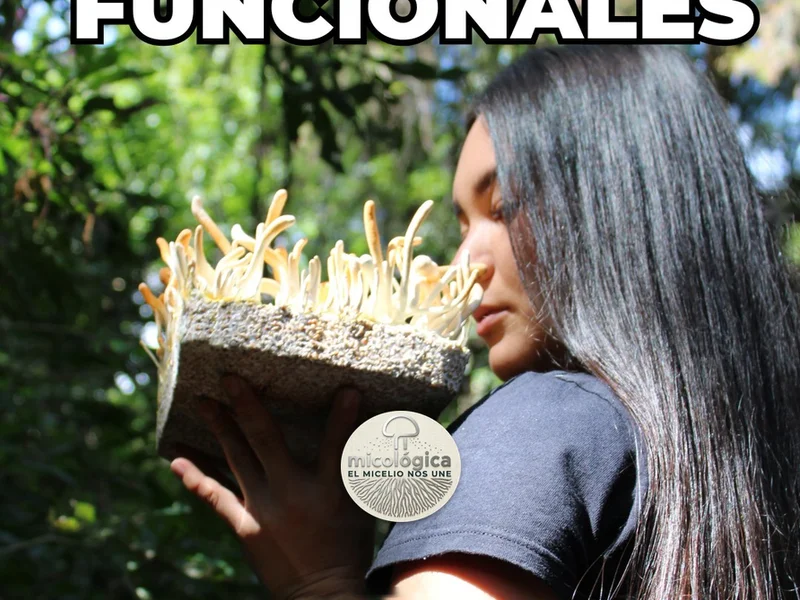 Participante con cordyceps cultivado en el curso de laboratorio casero
