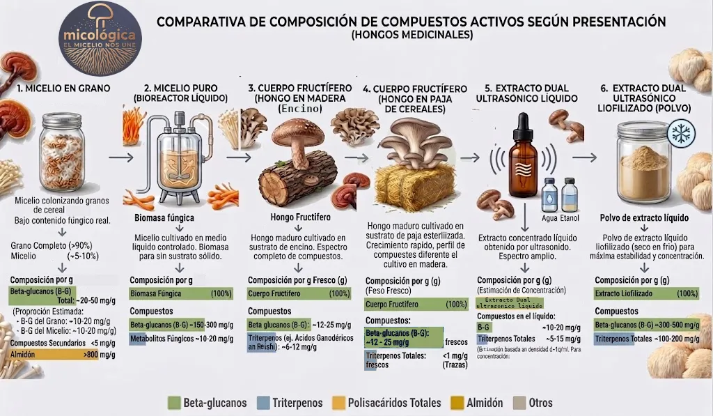 Comparativa de compuestos activos según presentación: micelio en grano, micelio puro, cuerpo fructífero en madera y en paja, extracto dual líquido y extracto dual liofilizado