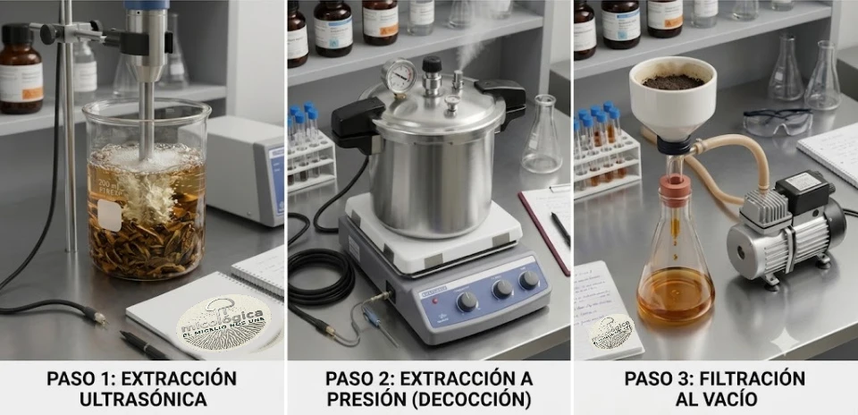 Los tres pasos de nuestra extracción: extracción ultrasónica, extracción a presión (decocción) y filtración al vacío